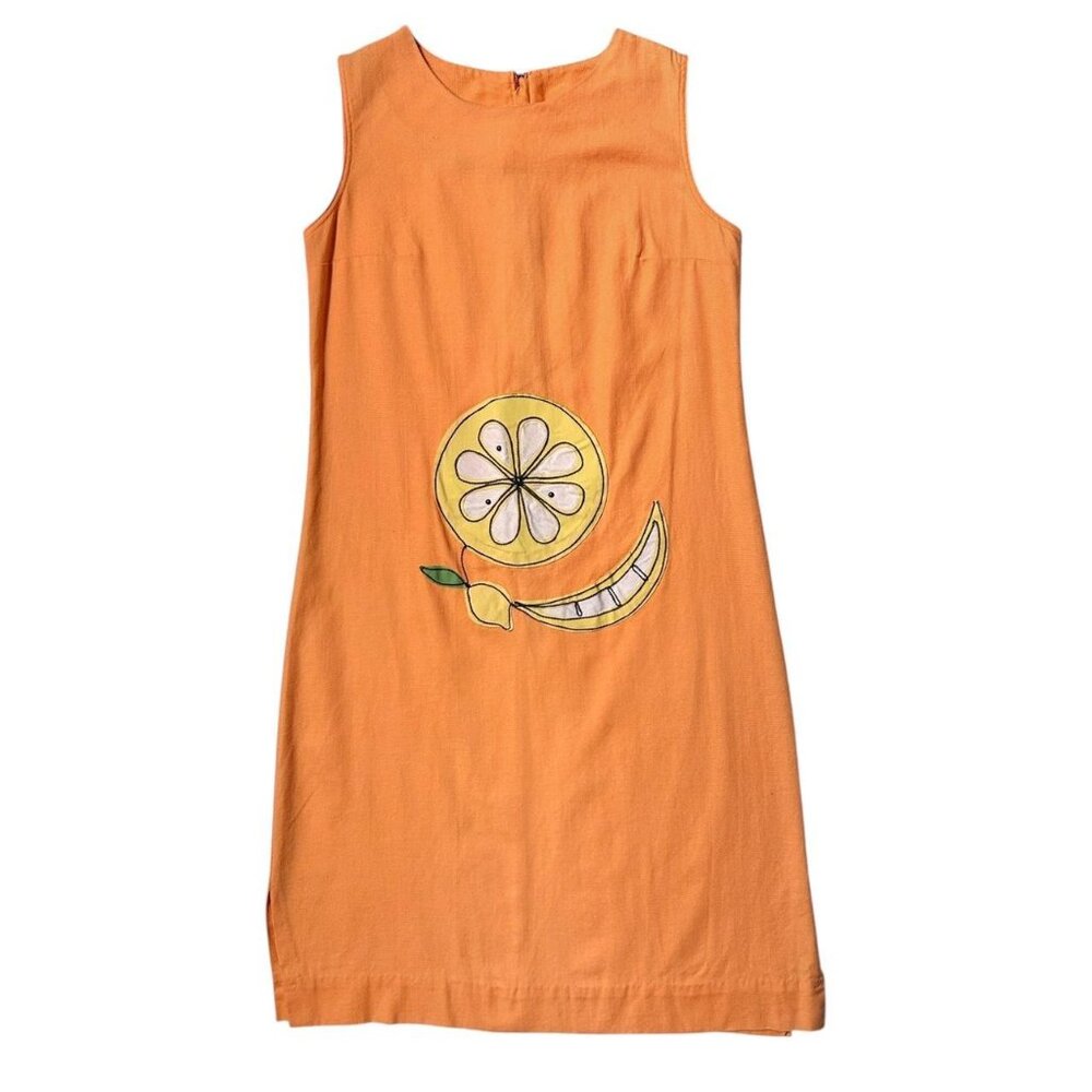 60s vintage orange sleeveless shift dress fruit motif lemon applique patch.